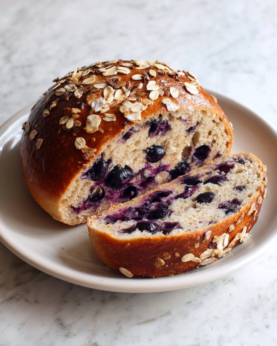 A round loaf of bread with a golden-brown crust topped with oats is shown on a white plate. The bread is cut open to reveal a soft inside filled with numerous small dark purple blueberries spread evenly throughout the light beige dough. The surface behind the plate is a white marbled texture. Photo taken with an iphone --ar 4:5 --v 7