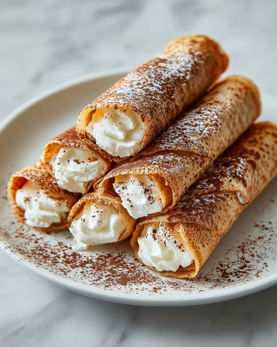 A stack of five crispy, rolled crepes filled with a thick, white creamy filling is placed on a white plate. Each crepe has a golden-brown color with a slightly rough texture showing a delicate crispness. The cream filling peeks out from both ends of each roll, soft and smooth, with a dusting of fine brown powder, likely cinnamon or cocoa, scattered over the crepes and plate. The crepes are arranged with three rolls on the bottom and two on top, creating a layered, cozy look on a white marbled surface. Photo taken with an iphone --ar 4:5 --v 7