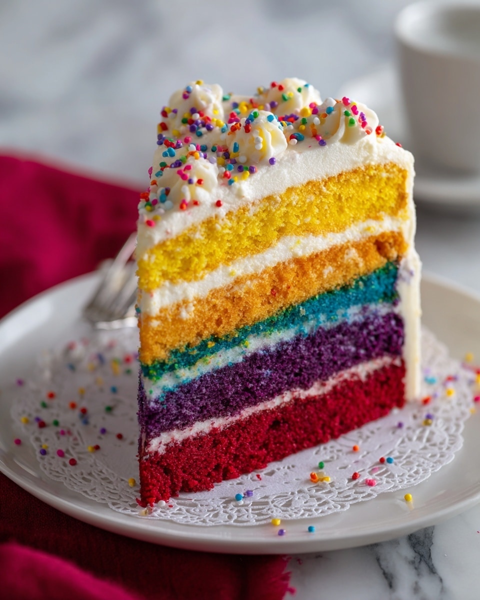 A close-up of a slice of rainbow cake with five visible layers from bottom to top: purple, blue, yellow, red, and a topping of white icing with colorful sprinkles scattered on it. The cake has a soft and fluffy texture with the colors distinct and vibrant. The slice is placed on a white plate with a lace-patterned paper liner under it, set on a white marbled surface with a hint of a red cloth underneath the plate. Photo taken with an iphone --ar 4:5 --v 7