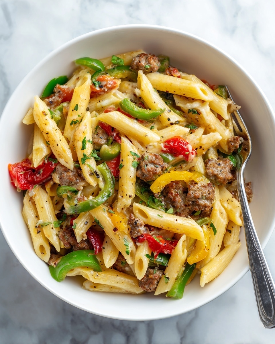 The image shows a white bowl filled with penne pasta mixed with small pieces of browned sausage, green bell pepper slices, and chopped tomatoes. The pasta looks creamy and lightly coated with a sauce, with some herbs sprinkled on top. The colors include the pale yellow of the pasta, the brown of the sausage, the bright green of the bell pepper, and the red of the tomatoes. A silver fork is placed inside the bowl on the right side, and the bowl rests on a white marbled surface. Photo taken with an iphone --ar 4:5 --v 7