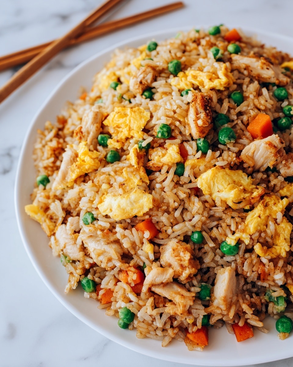 A close-up of a white plate filled with fried rice that has several layers and colors. The bottom layer consists of brown steamed rice mixed with small pieces of bright green peas scattered evenly. On top of that, there are chunks of golden-yellow scrambled eggs and light orange carrot cubes spread throughout, adding texture and color. Small pieces of light beige chicken are also mixed in, contributing to the dish's heartiness. The overall look is warm and vibrant with a mix of soft and firm textures. The background shows a white marbled surface, with a pair of chopsticks placed behind the plate. photo taken with an iphone --ar 4:5 --v 7