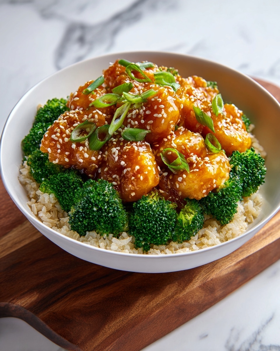 A white bowl holds a base layer of fluffy, light-colored rice, topped with bright green broccoli florets arranged around the edges. On top of the rice and broccoli, there is a generous layer of shrimp coated in a shiny, rich orange-brown sauce, glistening under the light. The shrimp pieces are sprinkled with white sesame seeds and small slices of fresh green onions scattered across the surface, adding contrast and texture. The bowl sits on a wooden board against a white marbled textured background. Photo taken with an iphone --ar 4:5 --v 7