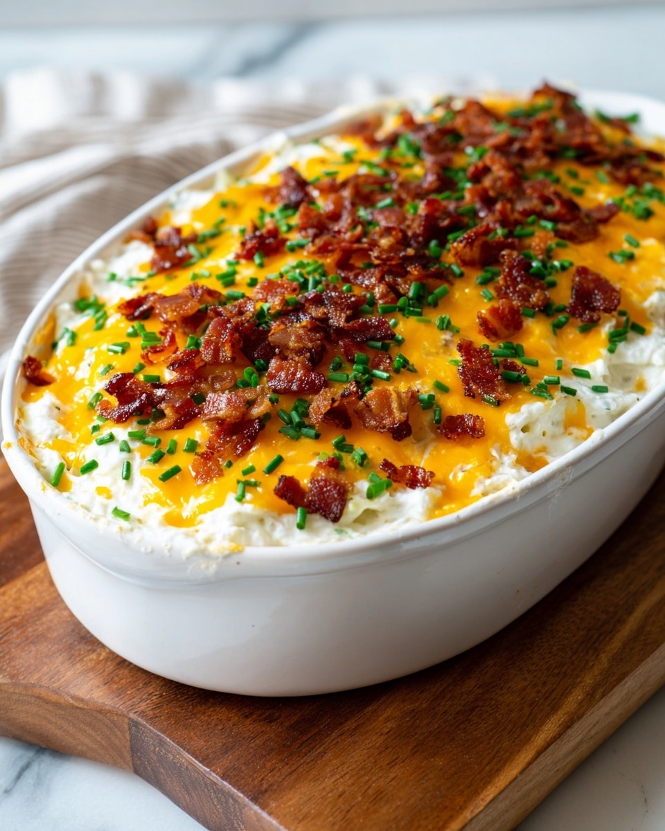 A white oval dish filled with a creamy layered potato casserole. The bottom layer shows soft, sliced pale yellow potatoes covered by a thick, white creamy sauce. On top, there is a generous layer of melted bright orange cheddar cheese sprinkled with small, crispy dark brown bacon pieces and vibrant green chopped chives. The dish is on a wooden board, with a white marbled surface faintly visible in the background. photo taken with an iphone --ar 4:5 --v 7