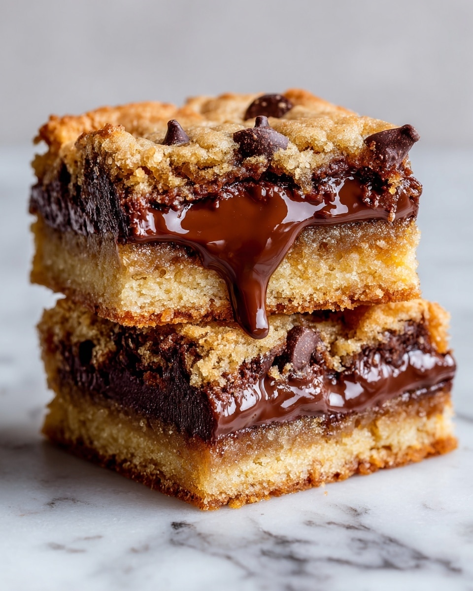 Two thick square bars stacked on top of each other show a gooey, melted chocolate center that spills out between golden brown cookie layers. Each bar has a crisp, slightly crumbly golden crust on the top and bottom, with shiny, dark chocolate chips embedded in the top layer. The rich chocolate filling is smooth and glossy, contrasting with the textured cookie dough that looks soft yet firm. The bars rest on a white marbled texture surface. photo taken with an iphone --ar 4:5 --v 7