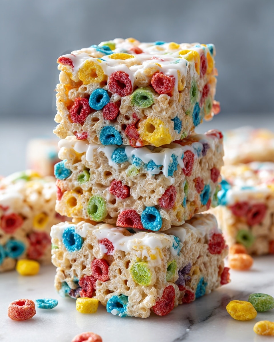 A close-up of four colorful cereal treats stacked in a tower on a white marbled surface. Each treat consists of a light beige crispy rice base mixed with bright pieces of round, multicolored fruity cereal in red, blue, yellow, green, and orange. A white marshmallow glaze is spread unevenly across the top of each layer, adding a glossy texture. Small cereal pieces scatter loosely around the base of the stack, enhancing the playful and vibrant look. The background is a soft gray blur, keeping focus on the vivid cereal squares stacked neatly. photo taken with an iphone --ar 4:5 --v 7