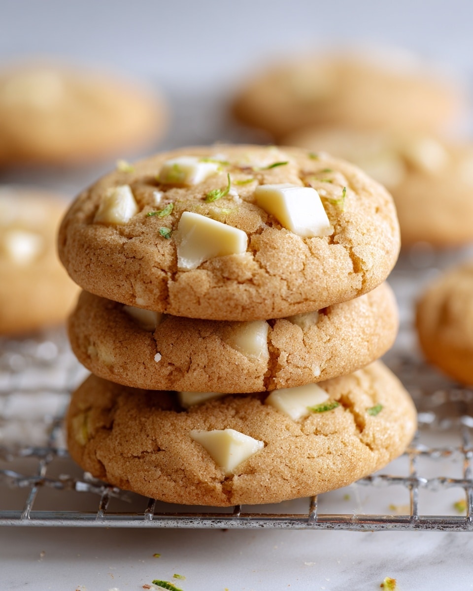 Two stacked cookies sit at the center of the image, each cookie having a golden-brown, slightly cracked surface with a soft texture. The top cookie shows five uneven chunks of creamy white chocolate embedded on its surface, along with tiny bits of pale green zest scattered between the chocolate pieces. The cookies rest on a metal wire rack, which is placed on a white marbled texture. More cookies with the same look can be seen blurred in the background. photo taken with an iphone --ar 4:5 --v 7