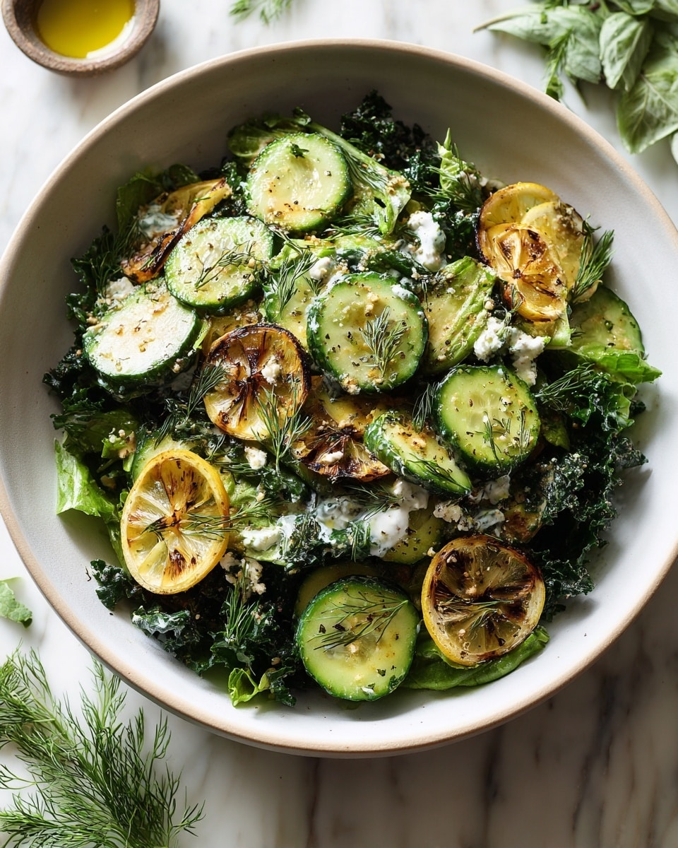A white bowl holds a layered fresh salad. The bottom layer is leafy green kale with a rough texture. On top of that are thin pale green cucumber slices with a smooth surface, some dressed with a creamy white sauce with herb flecks. Bright yellow slices of grilled lemon with browned char marks are spread across the salad. Sprigs of feathery green dill are placed on different parts, adding a light, airy texture. The background is a white marbled surface with some green herbs scattered nearby. Photo taken with an iphone --ar 4:5 --v 7