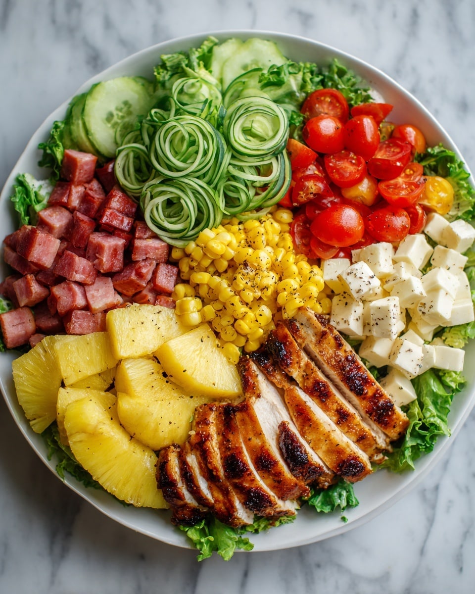 A white plate filled with a layered salad on a white marbled surface, with fresh green lettuce as the base covering the bottom layer. On top, there are neat rows of different ingredients arranged around the plate. Starting from the left, dark red diced salami and ham chunks, followed by bright green sliced cucumbers, then yellow corn kernels, and next to them, vibrant red cherry tomatoes cut in halves. Closer to the bottom right, sliced grilled chicken pieces with golden brown edges, followed by yellow cheese cubes next to them, and finally white cubes of cheese sprinkled with black pepper in the center. Each layer is distinct in color and texture, creating a colorful, fresh, and organized look. Photo taken with an iphone --ar 4:5 --v 7