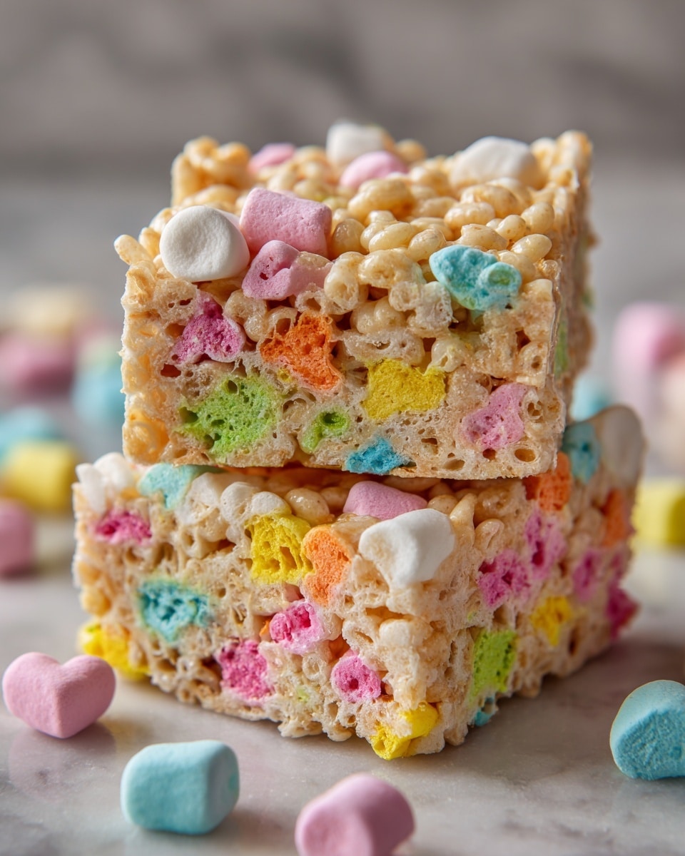 The image shows two stacked squares of a snack bar made of puffed rice cereal and colorful marshmallows. The top bar has a lightly golden puffed rice base mixed with small white puffs and pieces of pastel-colored marshmallows in pink, yellow, green, and blue scattered throughout. The edges are rough and slightly crumbly. The bottom bar is thicker with similar puffed rice but filled with larger chunks of brightly colored pink, yellow, orange, and green marshmallows that stick out more noticeably. The bars are on a white marbled surface with some pastel marshmallows blurred in the background. photo taken with an iphone --ar 4:5 --v 7