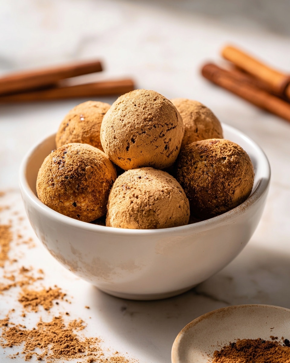 A small white bowl holds seven round chocolate truffles dusted with a layer of cocoa powder, giving them a rough texture. The truffles are light brown and arranged closely together, filling the bowl. The scene includes two cinnamon sticks placed diagonally on the right side on a white marbled surface, along with a single truffle off to the right side on the surface, partially visible and also dusted with cocoa powder. Photo taken with an iphone --ar 4:5 --v 7