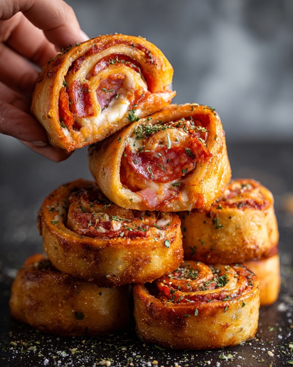 The image shows a stack of six pepperoni pizza rolls arranged in a pyramid shape on a dark surface with a wooden table background changed to a white marbled texture. Each roll has a golden-brown crust with a sprinkling of green dried herbs on top. The texture of the crust looks soft but slightly crispy on the edges. One close-up section reveals the inside layers of the roll, showing melted white cheese, red pepperoni slices, and a rich red tomato sauce, all tightly rolled in a thin pizza dough that is golden and slightly crispy on the outside. A woman's fingers are holding the top roll in the close-up. The overall look is warm, cheesy, and appetizing. photo taken with an iphone --ar 4:5 --v 7