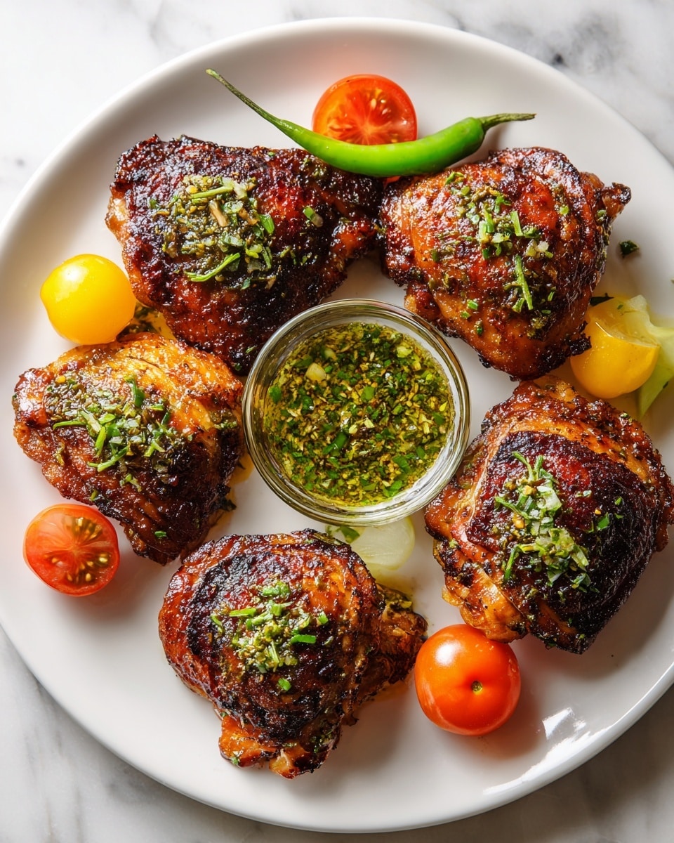 A round white plate with five grilled chicken thighs, each browned with char marks and sprinkled with chopped green herbs on top. The chicken pieces are arranged in a circle with a small green slice of jalapeño placed in the middle. Around the chicken thighs, there are small yellow and red cherry tomatoes, along with two peach halves placed on the sides. A small clear glass bowl with green sauce sits at the top left edge of the plate. The plate is placed on a white marbled surface with a light beige cloth visible on the right side. photo taken with an iphone --ar 4:5 --v 7