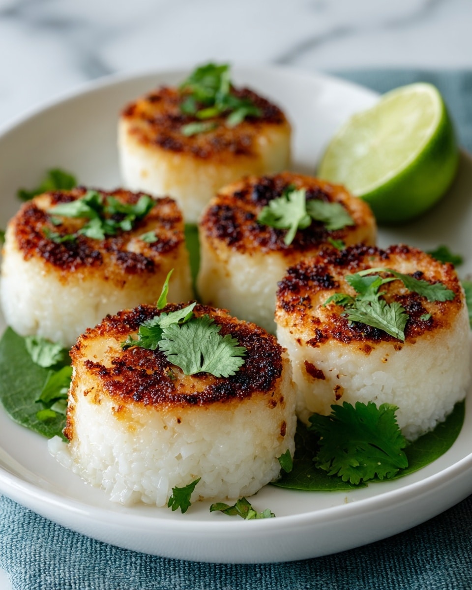 A white plate holds five round, thick rice cakes with a crispy golden-brown crust on top and white, sticky rice in the bottom and sides. Each cake is garnished with fresh green cilantro leaves, and there is a green lime cut in half positioned at the back right of the plate. The rice cakes sit on a green leaf that partially lines the plate. The plate rests on a white marbled textured surface with a hint of a blue-gray cloth underneath. photo taken with an iphone --ar 4:5 --v 7