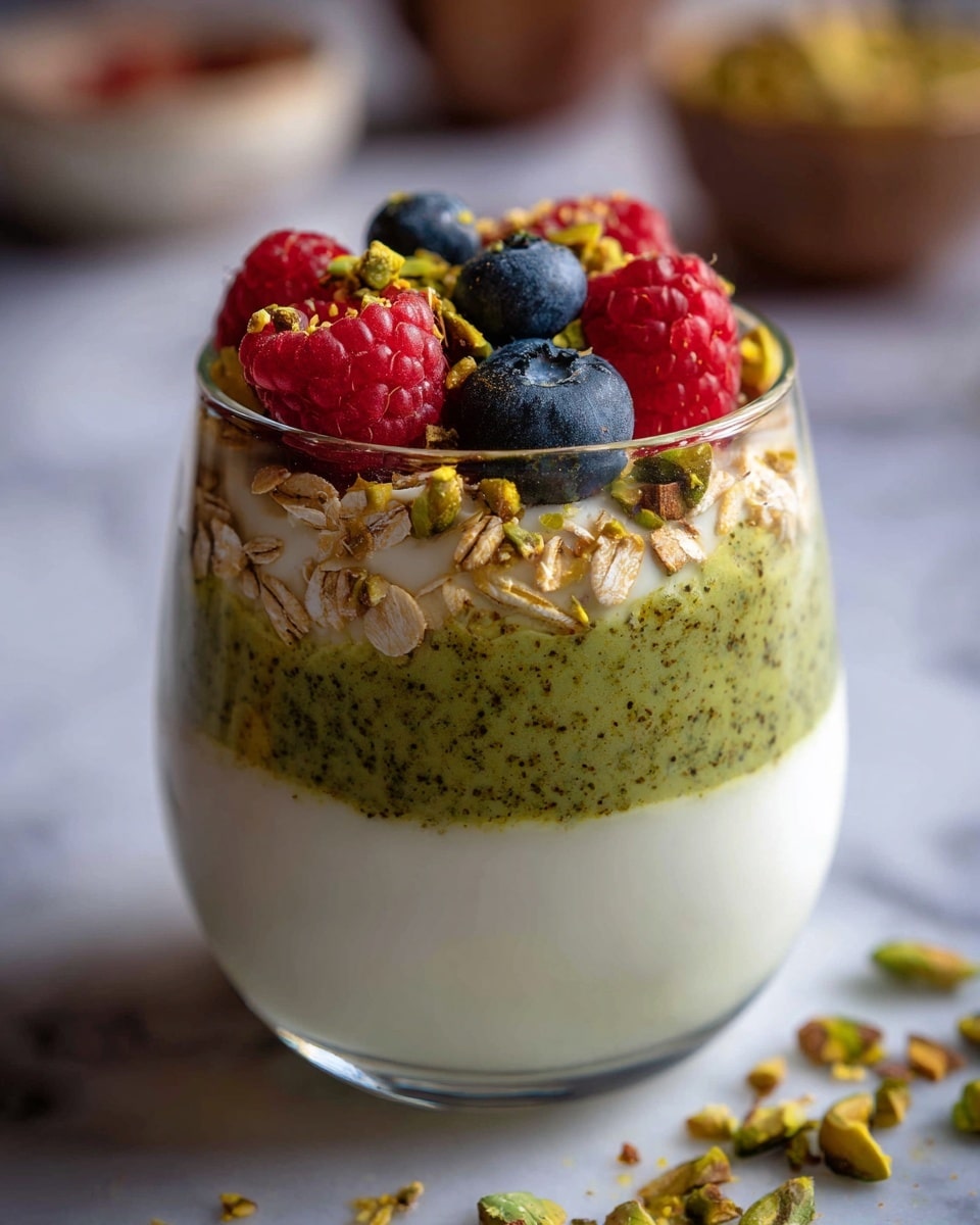 A clear glass cup shows a three-layer dessert resting on a white marbled surface. The bottom layer is a smooth white cream. The middle layer is thick and green with a slightly speckled texture. The top layer is a creamy white with visible oats mixed in. On top of this layer, there are scattered green chopped pistachios and golden oats. The dessert is garnished with fresh red raspberries and dark blue blueberries arranged on top. The background is softly blurred with kitchen elements. Photo taken with an iphone --ar 4:5 --v 7