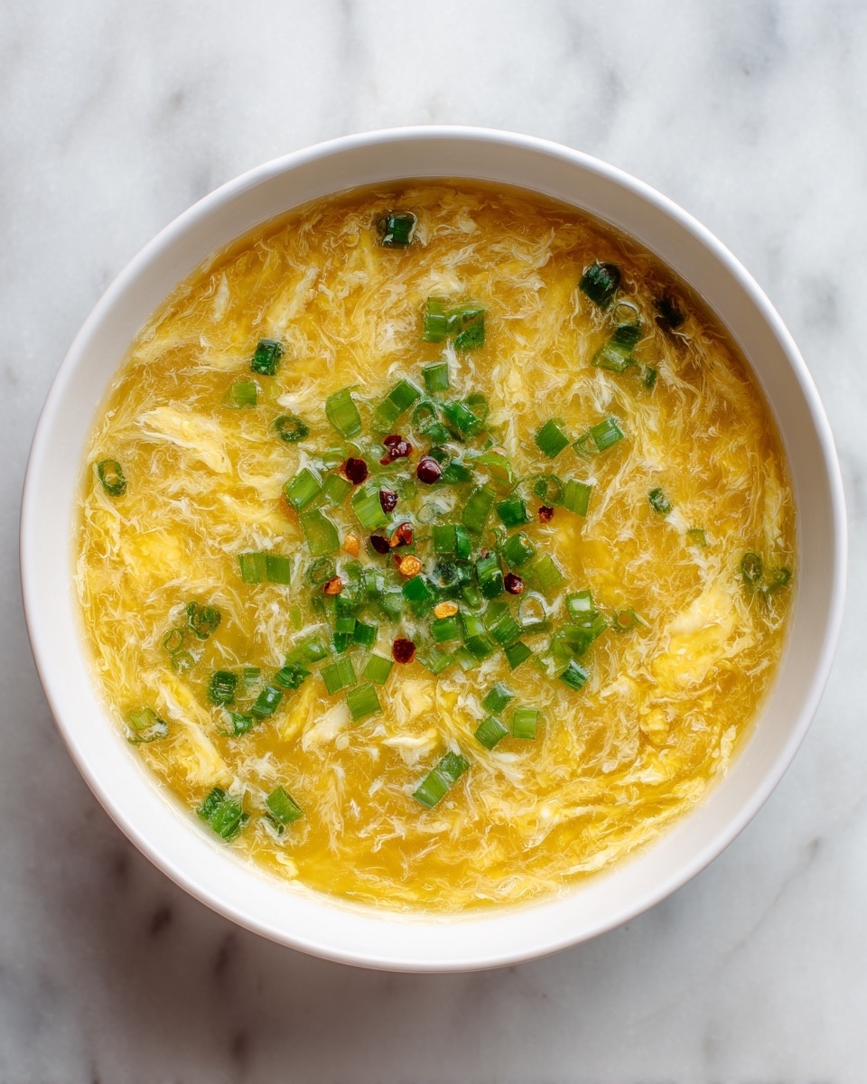 A white bowl filled with golden egg drop soup with a smooth, slightly thick texture and visible strands of cooked egg throughout. On top, there is a generous layer of bright green chopped scallions scattered evenly, along with a few tiny red chili flakes adding a slight contrast. The soup surface looks glossy and warm, with some small bubbles and a rich, appetizing shine. The bowl rests on a white marbled surface. photo taken with an iphone --ar 4:5 --v 7