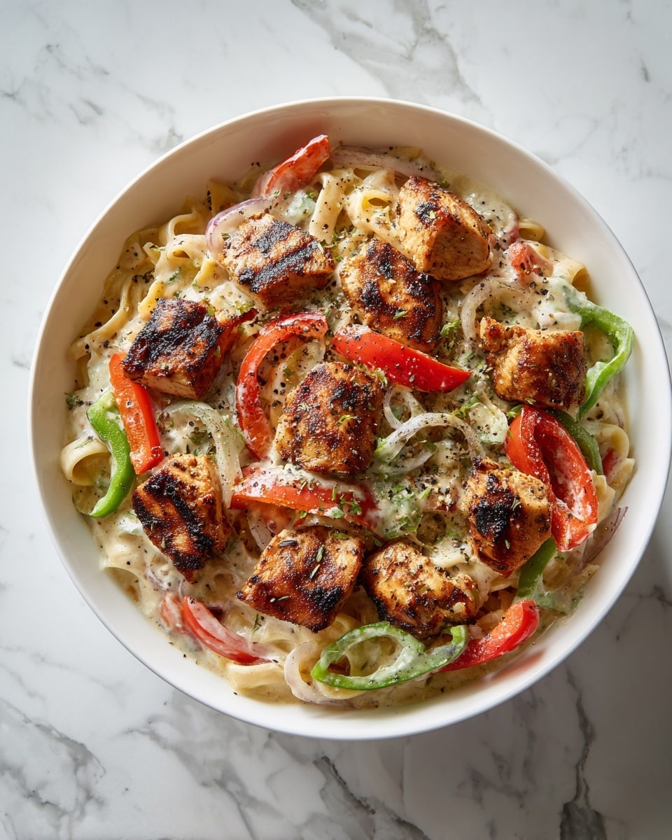 The dish features a white bowl filled with creamy pasta layered at the bottom, with a smooth, light beige sauce coating green and red bell pepper slices scattered throughout. On top are multiple chunks of grilled chicken, golden brown with charred marks, adding texture and a slight crust. The peppers add fresh colors with their bright green and red hues contrasting nicely against the chicken and creamy pasta beneath. Some black pepper and herbs sprinkle the top, adding a little speckled texture. The whole dish is set against a white marbled surface. photo taken with an iphone --ar 4:5 --v 7