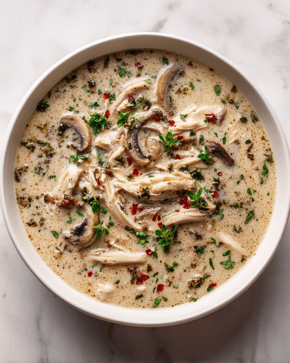 A white bowl filled with creamy soup containing sliced mushrooms and shredded chicken, with small green herbs sprinkled on top and a few red pepper flakes visible. The soup has a smooth, light beige color with textured pieces of meat and mushrooms floating evenly throughout. The bowl sits on a white marbled surface. photo taken with an iphone --ar 4:5 --v 7
