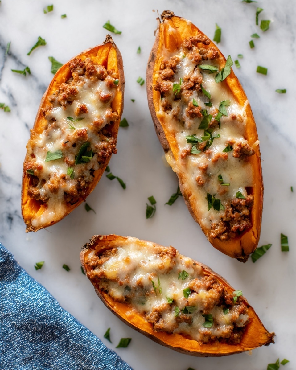 The image shows three halves of baked sweet potatoes arranged diagonally on a white marbled surface. Each sweet potato half has three visible layers: the bottom layer is the bright orange, soft, and smooth flesh of the sweet potato; the middle layer consists of browned cooked ground meat mixed with small bits of green herbs spread unevenly over the sweet potato; the top layer is melted light beige cheese, slightly browned and bubbly, covering the meat lightly. Small green herb pieces are sprinkled on and around the potatoes as garnish, and a blue-and-white cloth is partially visible in the lower-left corner. Photo taken with an iphone --ar 4:5 --v 7