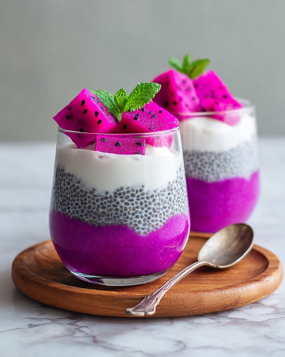 Two clear glass cups sit on a round wooden coaster on a white marbled surface. Each glass contains three layers: the bottom layer is bright purple chia pudding with visible black seeds, the middle layer is a dense black and white chia mixture, and the top layer is a small dollop of white cream. On top of the cream are two cubes of vibrant pink dragon fruit with small black seeds, accompanied by a fresh green mint leaf for decoration. A vintage silver spoon lies on the wooden coaster beside the closest glass. Photo taken with an iphone --ar 4:5 --v 7