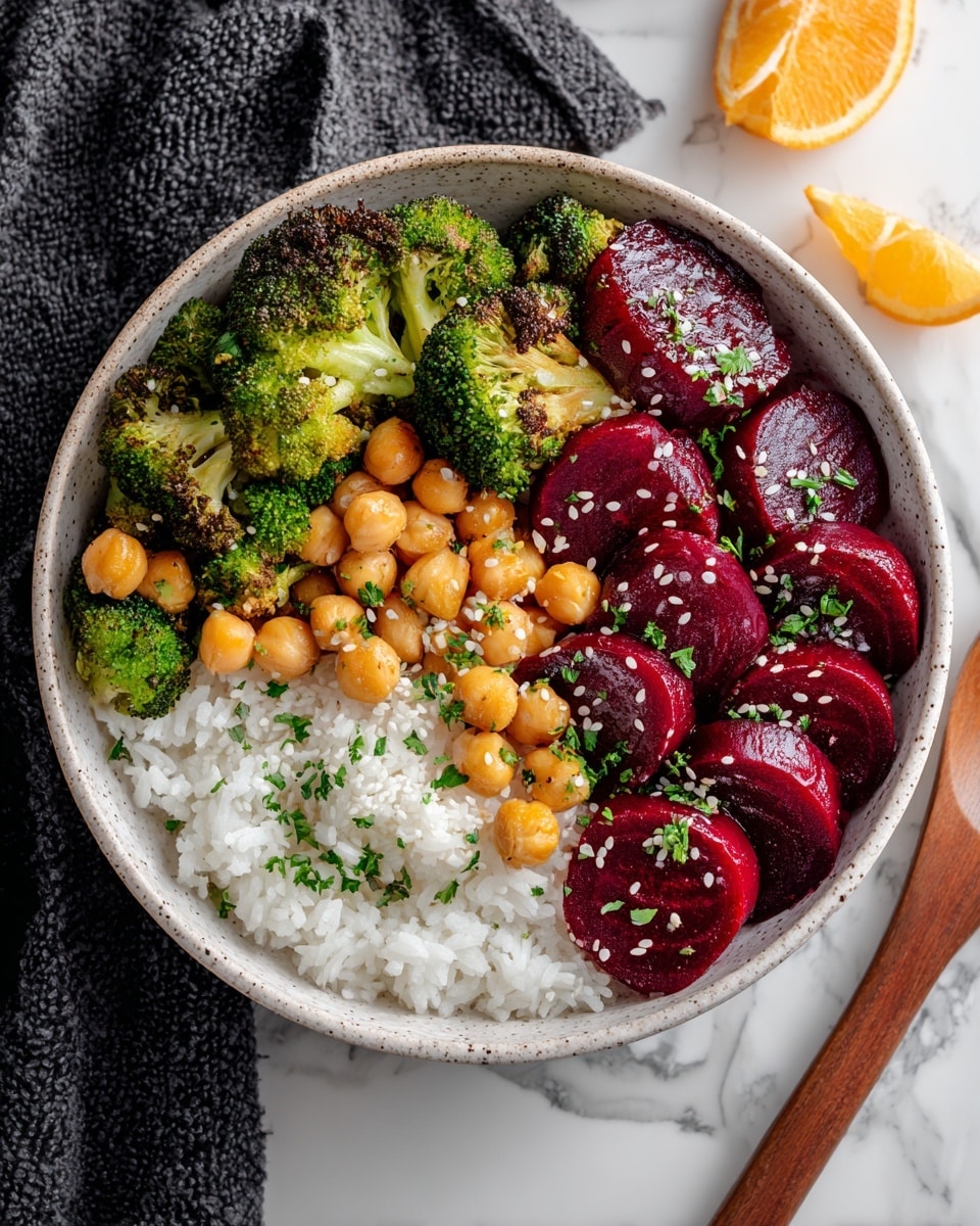 A white speckled bowl holds this colorful dish with three main layers: the bottom layer is white rice, soft and fluffy, covering the bowl’s base; on top of this, deep red, round beet slices are generously spread across one half of the bowl, showing a smooth, moist texture; sitting on the beets and scattered across the bowl are small, golden yellow chunks of cooked vegetables and light brown chickpeas with a shiny glaze, adding a mix of textures. On the other half above the rice, bright green broccoli pieces with a slightly charred look add freshness and color. The dish is sprinkled with chopped green herbs and white sesame seeds for extra detail. The bowl is set on a white marbled surface, with a dark textured cloth and a partial view of an orange slice around it, while a wooden spoon’s handle appears at the bottom right corner. photo taken with an iphone --ar 4:5 --v 7