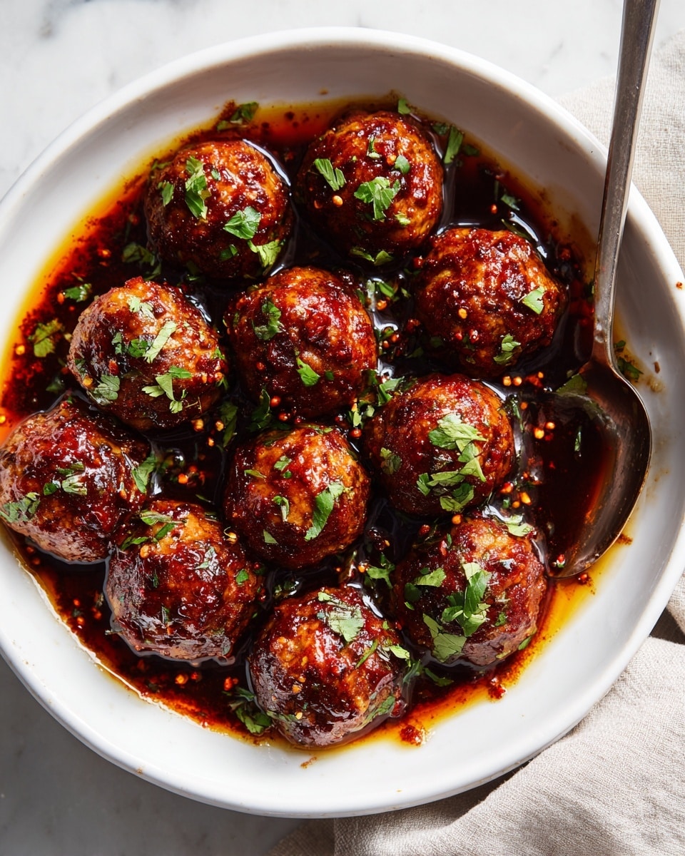 The image shows a white bowl filled with about a dozen round, glossy meatballs covered in a dark reddish-brown sauce. The meatballs have a slightly textured surface, with a shiny glaze reflecting light. Fresh green herbs are sprinkled on top, adding small bright green spots over the dark sauce. The bowl sits on a white marbled surface, and a metal spoon is partially visible inside the bowl. A light-colored fabric is softly placed near the bowl’s edge. photo taken with an iphone --ar 4:5 --v 7
