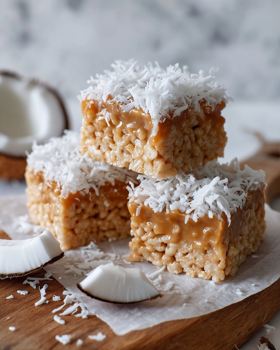 Three soft square treats made from puffed rice mixed with caramel-colored syrup are shown, with two stacked on top of each other and one beside them. Each square is topped with a thick layer of white shredded coconut, creating a textured and fluffy contrast at the top. The treats sit on a piece of white parchment paper placed on a wooden surface, and pieces of broken coconut shell with white flesh inside are scattered around, enhancing the tropical feel. The background has a white marbled texture. photo taken with an iphone --ar 4:5 --v 7
