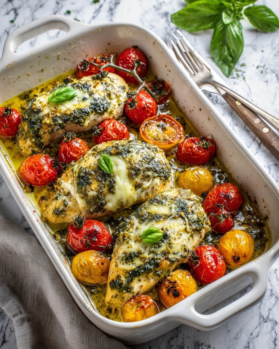 The image shows a white rectangular baking dish filled with three pieces of baked chicken breast covered in a green pesto sauce and melted light yellow cheese on top. Around the chicken, there are several whole roasted cherry tomatoes in red and yellow colors, some halved with a slightly charred surface. The chicken pieces have a golden-brown roasted texture, and small fresh green basil leaves are scattered on top. The dish sits on a white marbled surface with a fork and some fresh basil leaves in the background. photo taken with an iphone --ar 4:5 --v 7