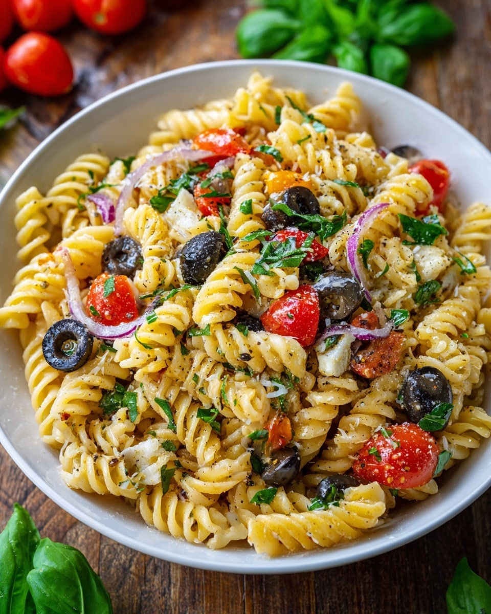 A white bowl filled with spiral-shaped rotini pasta as the base layer, light yellow with a slightly glossy texture. Mixed within are halved bright red cherry tomatoes and round sliced olives showing rich black color, scattered evenly. There are thin rings of light purple onion layered on top, along with chunks of white creamy cheese. Fresh green basil leaves and finely chopped parsley add a pop of green color scattered throughout. The dish is lightly sprinkled with black pepper and fine Parmesan cheese, creating a speckled look. The bowl sits on a wooden surface with some blurred green basil leaves and red tomatoes in the background. Photo taken with an iphone --ar 4:5 --v 7