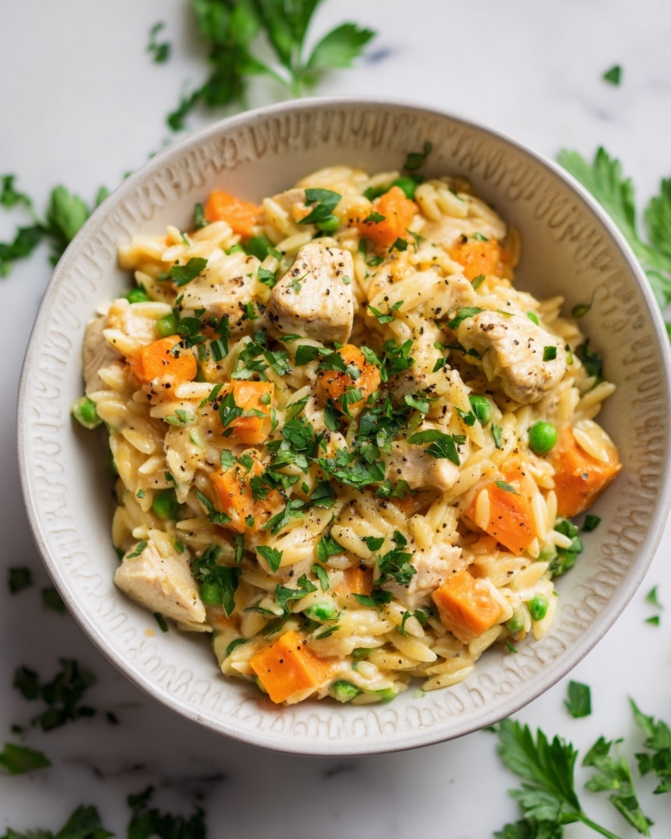 A bowl filled with creamy orzo pasta mixed with white pieces of chicken and bright orange carrot chunks, scattered with fresh green parsley leaves on top. The orzo pasta looks soft and coated with a light creamy sauce, while the chicken pieces are tender and the carrots are slightly glossy. Black pepper specks are spread over the dish, adding texture and color contrast. The bowl is white with a speckled dark rim, set on a surface with a white marbled texture, and some green herbs are seen blurred in the background. Photo taken with an iphone --ar 4:5 --v 7