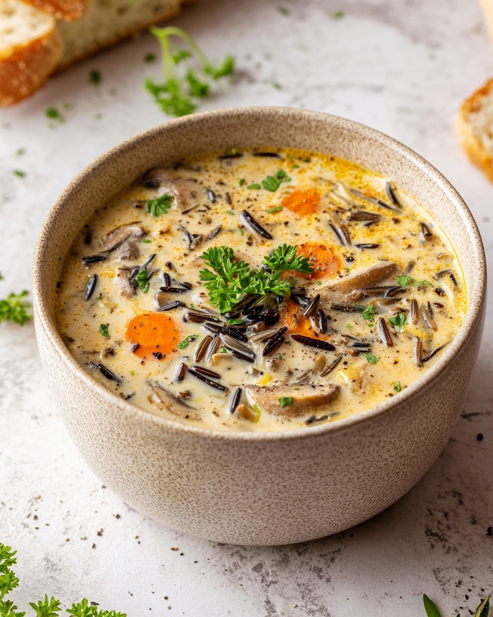 A bowl filled with creamy soup that has three main layers visible: the base layer is a smooth, light beige cream with a slightly thick texture; the second layer consists of bright orange carrot slices and dark brown mushroom pieces scattered evenly throughout; the third layer shows thin, long grains of wild rice that add texture and color contrast, all topped with a few green parsley leaves and a sprinkle of black pepper. The bowl is a textured light brown ceramic, placed on a surface with a white marbled texture, with pieces of bread and sprigs of parsley nearby. photo taken with an iphone --ar 4:5 --v 7