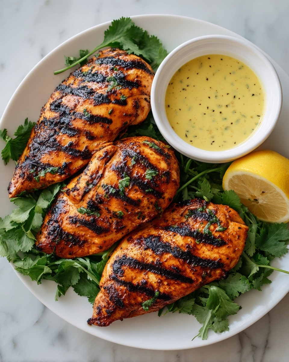 The dish shows three grilled chicken breasts with dark brown and black char marks on their orange-brown surfaces, placed on a bed of fresh green cilantro leaves on a white plate. In the top right corner of the plate, there is a small white cup filled with a creamy yellow sauce with herbs and spices mixed in. Next to the cup, a yellow lemon half garnished with cilantro sits on the plate. The plate is set on a white marbled texture. photo taken with an iphone --ar 4:5 --v 7