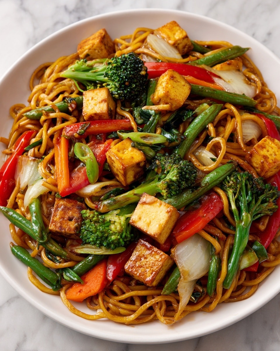 A white plate filled with stir-fried noodles forms the base layer, with golden-brown noodles twisted and slightly glossy. On top, there are mixed vegetables including bright green broccoli florets, red bell pepper chunks, orange carrot pieces, white onion slices, and green beans, all cooked but still vibrant in color. Scattered among the vegetables and noodles are medium-sized, evenly browned tofu cubes with a slightly crispy texture. The ingredients are coated lightly in a savory sauce, giving a slight sheen and adding depth to the colors. The dish looks warm and freshly served on a white marbled surface. photo taken with an iphone --ar 4:5 --v 7