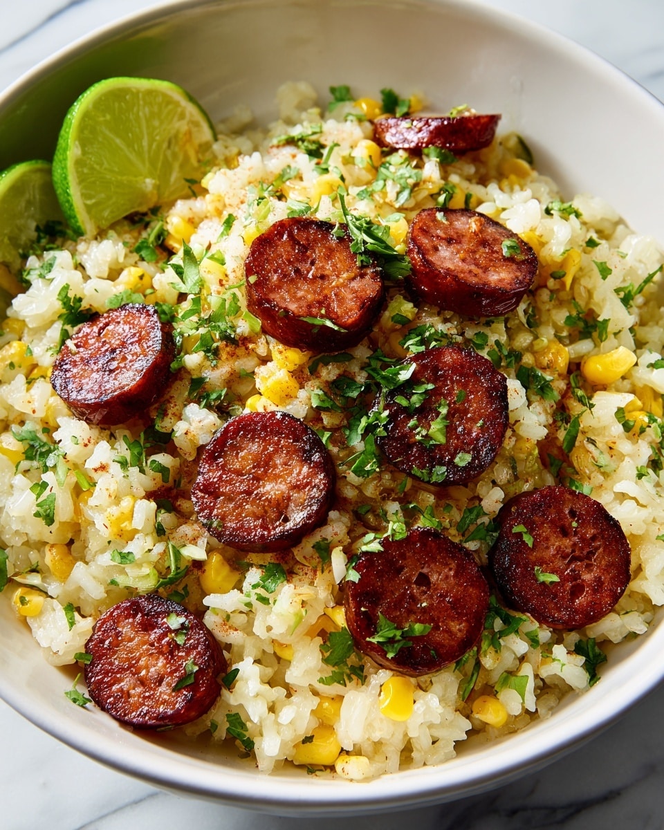 A close-up view of a bowl filled with cooked rice mixed with small yellow corn pieces and finely chopped green herbs. On top, there are thick slices of browned sausage with a slightly crispy texture, spread evenly across the rice layer. A wedge of lime sits on the edge, adding a fresh green color contrast. The bowl is white, and the background is a white marbled texture. Photo taken with an iphone --ar 4:5 --v 7