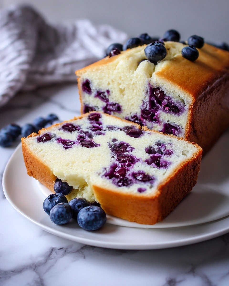 The image shows a close-up of a white plate holding a slice and a larger piece of blueberry loaf cake. The cake has two layers: the top layer is a light golden brown crust with a smooth texture, while the inside layer is soft and pale yellow, filled with many dark purple blueberries spread evenly throughout. Some blueberries are whole and some are slightly burst, adding a mix of deep purple and blue colors that contrast with the soft cake layer. A few fresh blueberries are placed on the plate next to the cake. The background is a white marble surface, and the photo feels warm and homemade. Photo taken with an iphone --ar 4:5 --v 7