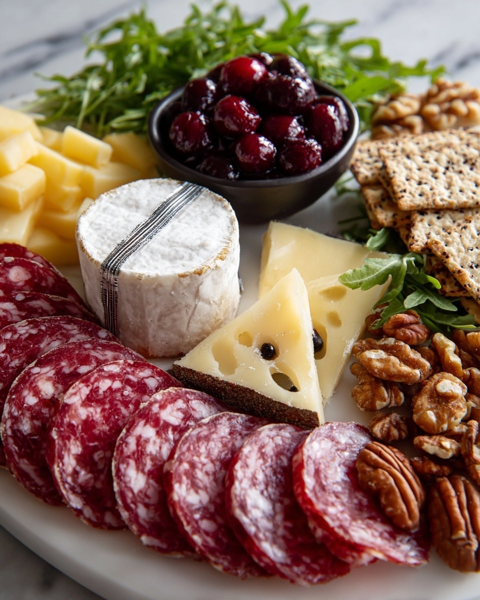 A white plate filled with an assortment of layered food items arranged closely together: thin slices of red salami with white fat marbling spread across the bottom left and right edges, pale yellow cubed cheese stacked in the top left corner, smooth white round cheese topped with a small green herb near the bottom left, a wedge of light yellow cheese with a darker rind near the bottom center, a central small black bowl full of dark red dried cranberries, a pile of green arugula leaves right next to the bowl, light brown almonds scattered mainly on the right side with some walnuts near the top left, and rectangular multi-seed crackers positioned on the right side. The dish is set on a white marbled textured surface. Photo taken with an iphone --ar 4:5 --v 7