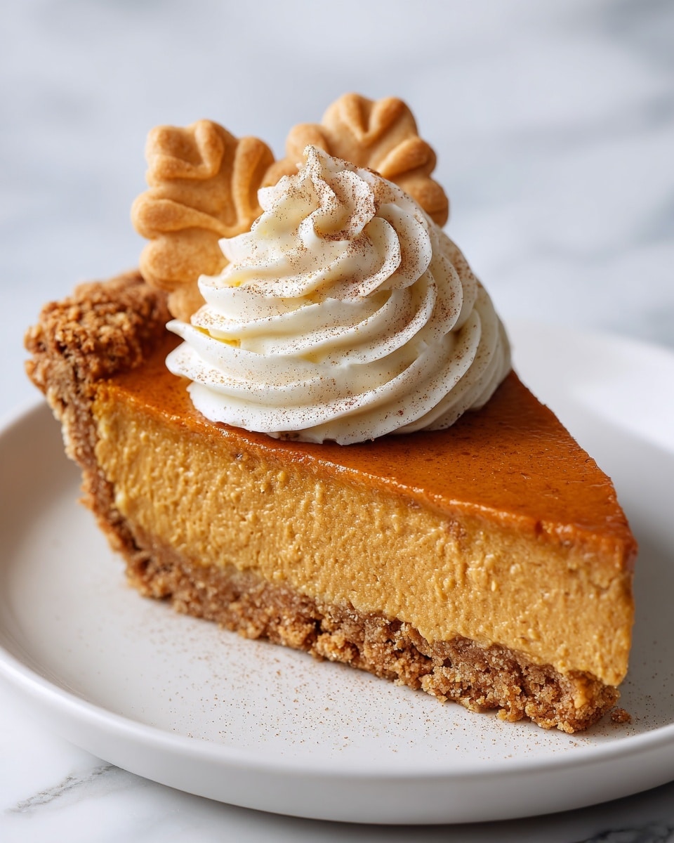 A single slice of pumpkin pie with a light brown crust and a smooth, deep orange filling sits on a white plate against a white marbled surface. On top of the pie slice, there is a swirl of white whipped cream dusted lightly with cinnamon, and two small leaf-shaped cookies made from the same crust material stand upright behind the whipped cream. The slice shows clear layers: the bottom crust is golden and crumbly, and the thick, creamy pumpkin filling covers the crust fully. Photo taken with an iphone --ar 4:5 --v 7