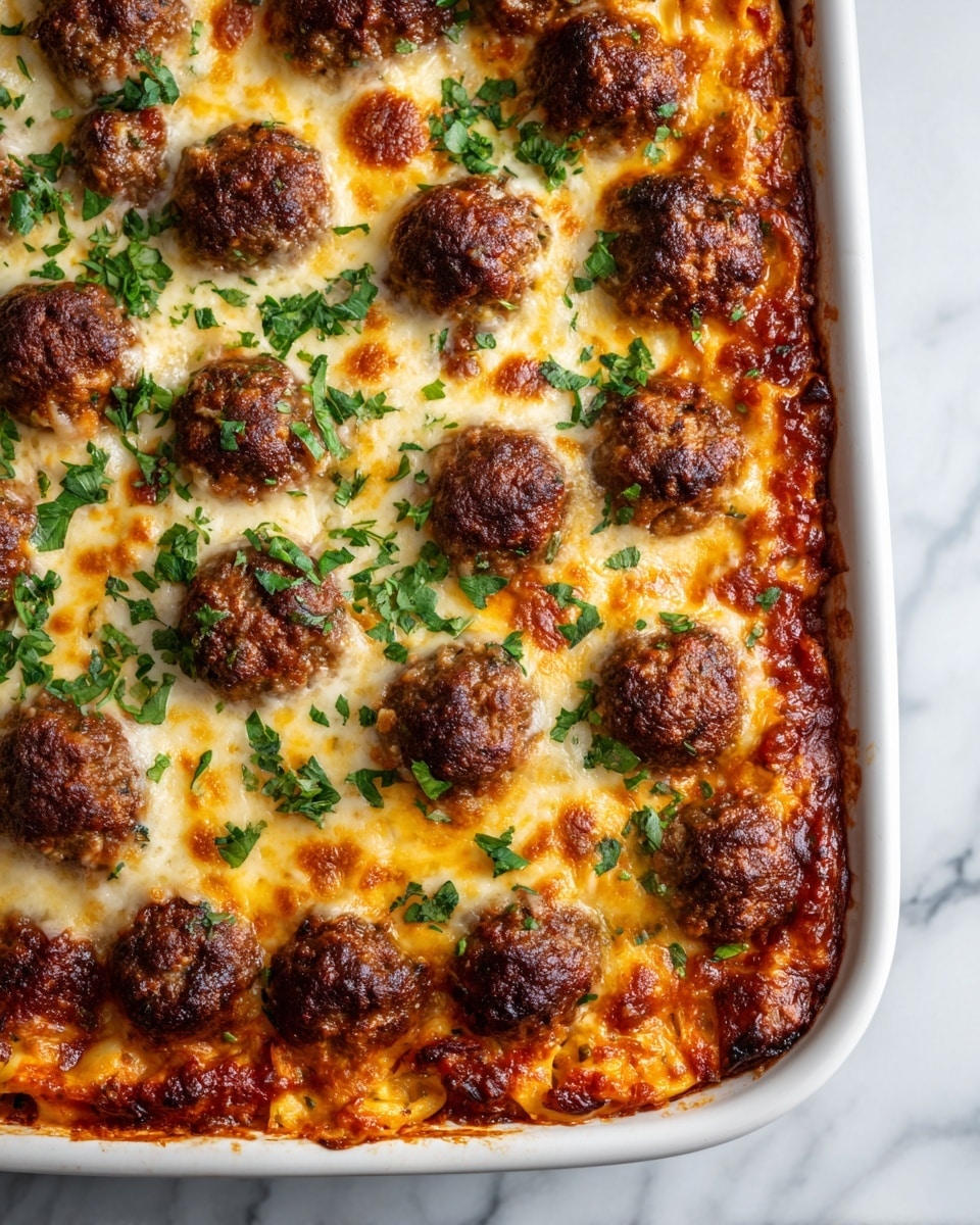 The dish shows a close-up of a baked cheesy lasagna with golden-brown browned cheese on top. There are neat rows of round, browned meatballs scattered across a thick layer of melted cheese. Underneath the cheese and meatballs, you can see a rich red tomato sauce mixed with melted cheese, showing a creamy and juicy texture. Fresh green chopped herbs are sprinkled over the top, adding a bright color contrast. The lasagna is inside a white baking dish placed on a white marbled surface. Photo taken with an iphone --ar 4:5 --v 7