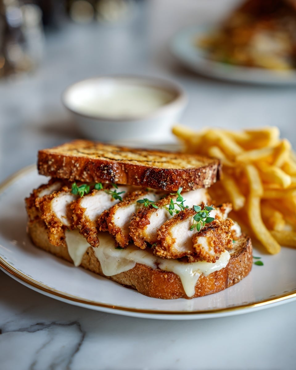 The image shows a sandwich with three visible layers on a white plate with a gold rim, set on a white marbled surface. The bottom layer is a crispy, golden-brown bread slice covered with melted pale yellow cheese. On top of the cheese, there are pieces of fried chicken breast, light beige with a slightly crunchy, golden coating, garnished with small green herb leaves. The top layer is another slice of crispy, golden-brown bread with a textured crust placed diagonally. Alongside the sandwich, there are thick, golden-yellow French fries with a soft texture. In the background, a white bowl with white sauce is slightly blurred. photo taken with an iphone --ar 4:5 --v 7