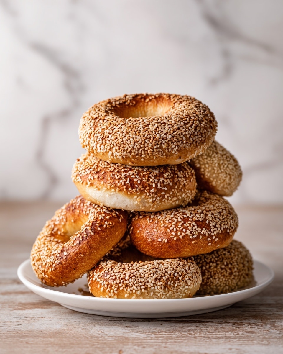 A tall stack of sesame-covered bagels, showing six bagels in total, each with a golden brown crust densely coated with white and light brown sesame seeds, and a soft, light interior visible on the sides. The bagels are piled unevenly on a white plate, with the top bagel almost perfectly round and the others slightly tilted, creating a rustic look. The plate sits on a wooden surface with a white marbled texture in the background, giving a clean and fresh feel. photo taken with an iphone --ar 4:5 --v 7