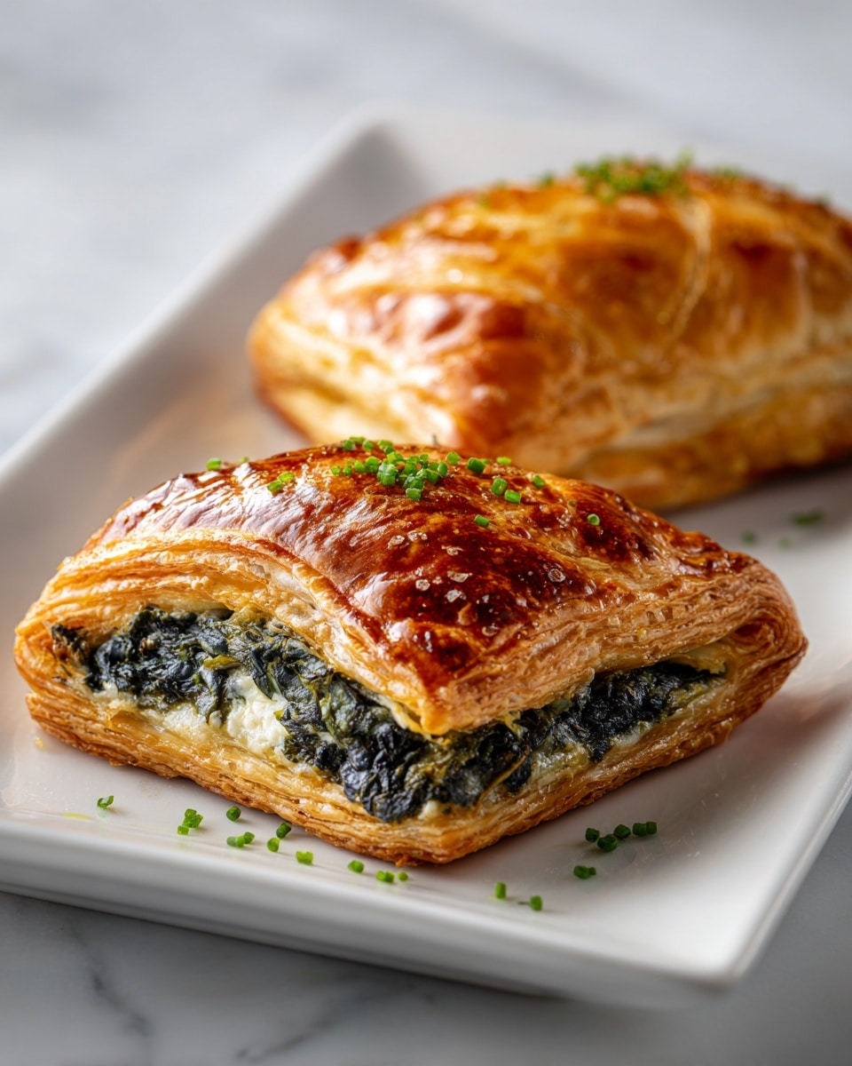 Two golden-brown puff pastries sit on a white rectangular plate placed on a white marbled surface. The pastries have a shiny, flaky crust with distinct layers and slight folds on top. The closest pastry is cut open to show three layers: a thin, crisp outer shell, a thick filling of dark green spinach mixed with creamy white cheese, and a similar thin, flaky crust at the bottom. Small pieces of green garnish are sprinkled on top of the pastries and the plate. Photo taken with an iphone --ar 4:5 --v 7