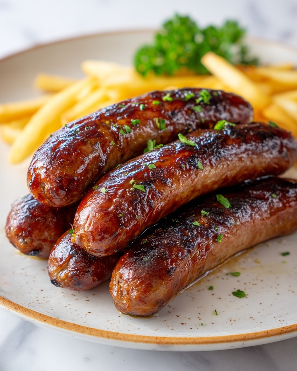 Four grilled sausages with a shiny, slightly charred, dark brown surface sit stacked on a speckled white round plate with a light brown rim, garnished with small sprigs of chopped green herbs. In the background on the plate, a few thin yellow fries and a sprig of broad green parsley add color contrast. The plate is placed on a white marbled surface. photo taken with an iphone --ar 4:5 --v 7