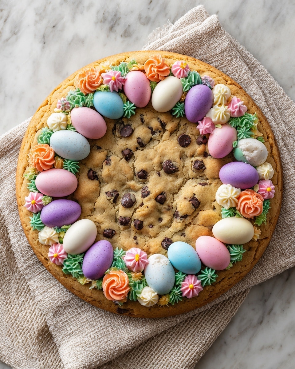 A round cookie cake with a golden-brown base and visible dark chocolate chips spread throughout the top layer. Around the edge, a ring of colorful pastel candy eggs is arranged, with larger egg shapes in pink, purple, blue, white, green, and cream colors interspersed with smaller round candies. Underneath the candy eggs, small patches of piped green, orange, yellow, and pink frosting add a textured floral-like effect. The cookie cake is placed on a white marbled surface with a beige textured cloth beneath it. photo taken with an iphone --ar 4:5 --v 7