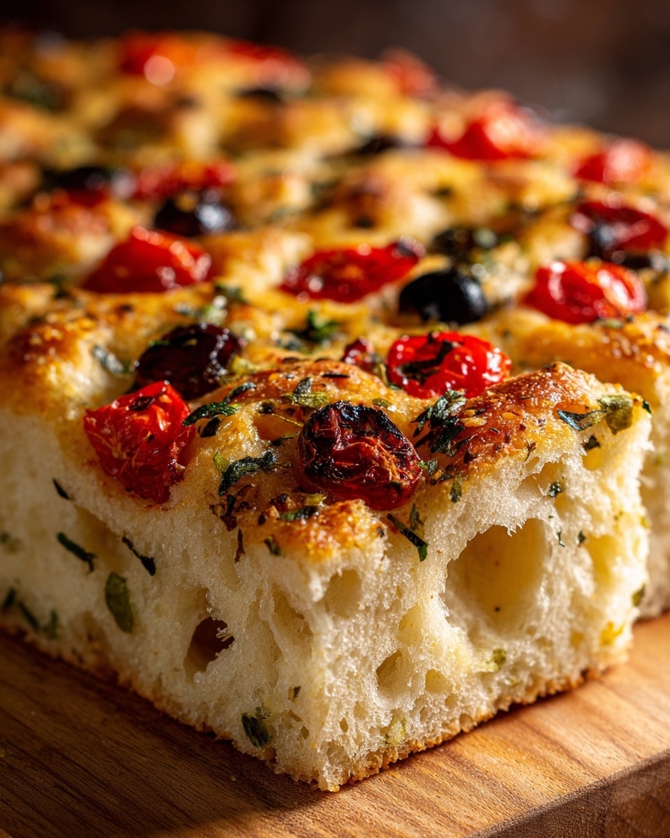 A close-up image of a rectangular slice of focaccia bread on a wooden board. The bread has a thick, airy texture with visible holes in the crust. The top layer is covered unevenly with bright red cherry tomato slices, black and green olives, and small bits of green herbs. The crust has a golden brown color with a slightly rough, crunchy appearance. The photo is clear and warm, focusing on the details of the toppings. photo taken with an iphone --ar 4:5 --v 7