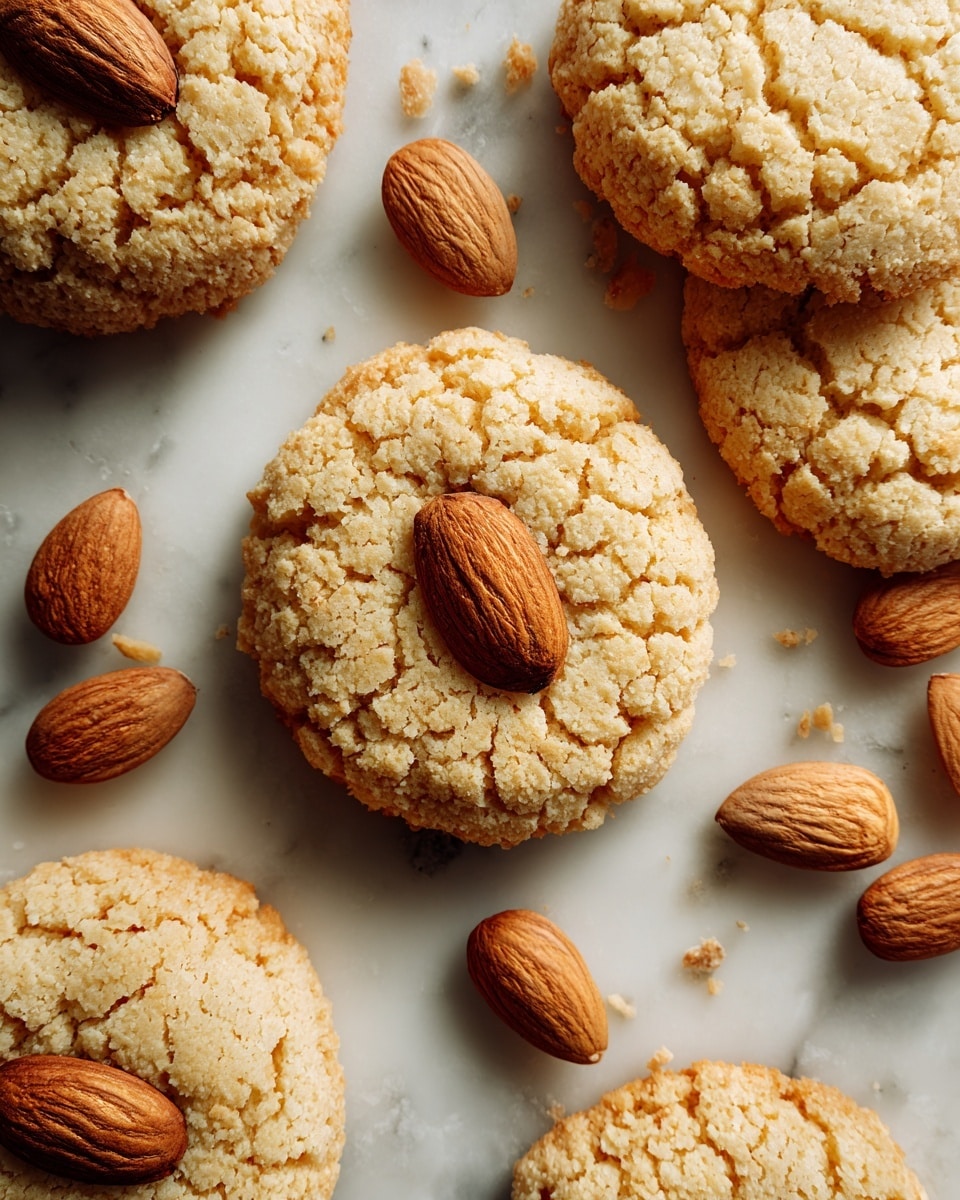 A close-up view of several round, golden brown almond cookies arranged on a white marbled surface. Each cookie has a cracked, slightly rough texture with one whole almond pressed into the center on top. Scattered whole almonds surround the cookies, adding a natural touch. The scene is softly lit, highlighting the crumbly texture of each cookie. photo taken with an iphone --ar 4:5 --v 7
