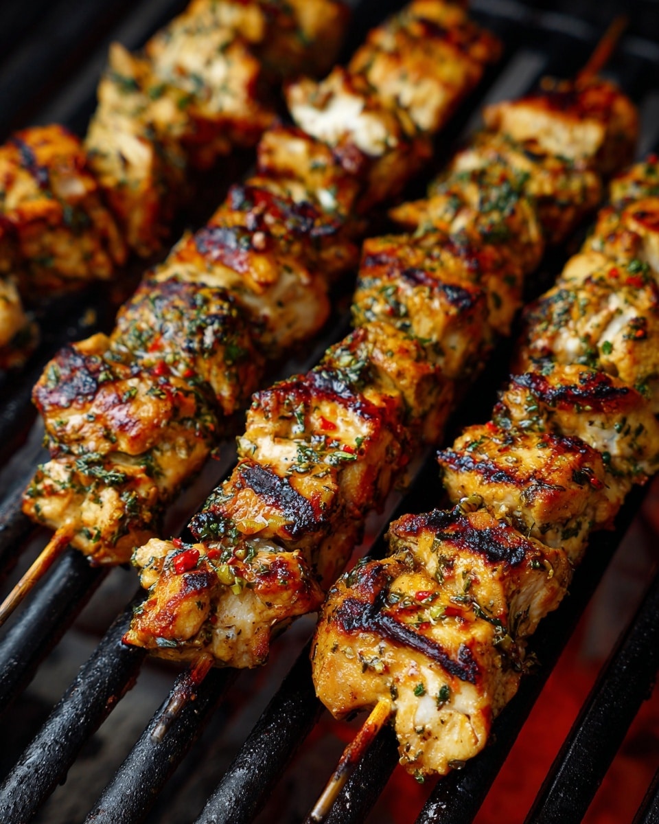 The image shows several grilled skewers of chicken pieces, each piece golden brown with char marks and sprinkled with green herbs and spices. The chicken looks juicy and tender, with some pieces showing a slight crispy edge. The skewers are closely placed next to each other on a grill with black metal bars visible underneath. The texture of the chicken is slightly rough from the spices and grill marks. The background has a white marbled texture. photo taken with an iphone --ar 4:5 --v 7