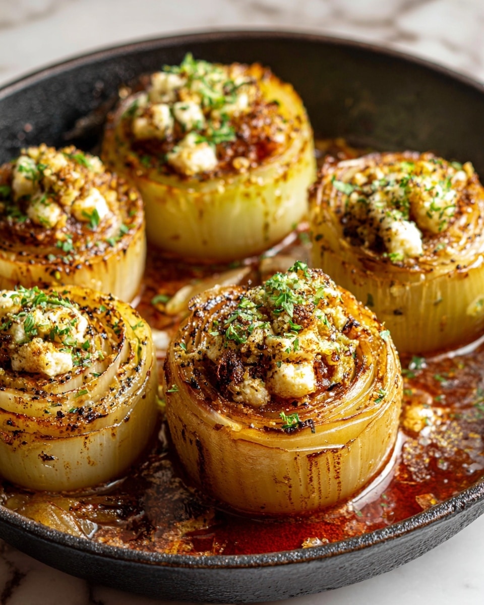 The image shows five thick onion layers, each hollowed out and filled with a golden brown stuffing topped with small white cheese pieces and sprinkled with green herbs and black pepper. The onions are soft, translucent, and stacked in concentric rings, sitting closely in a black pan with a reddish-brown sauce pooling around the bottoms. The surface beneath the pan is a white marbled texture, adding contrast to the rich colors of the food. The overall look is warm, savory, and appetizing with a focus on the crisp, textured tops of the stuffed onions. Photo taken with an iphone --ar 4:5 --v 7