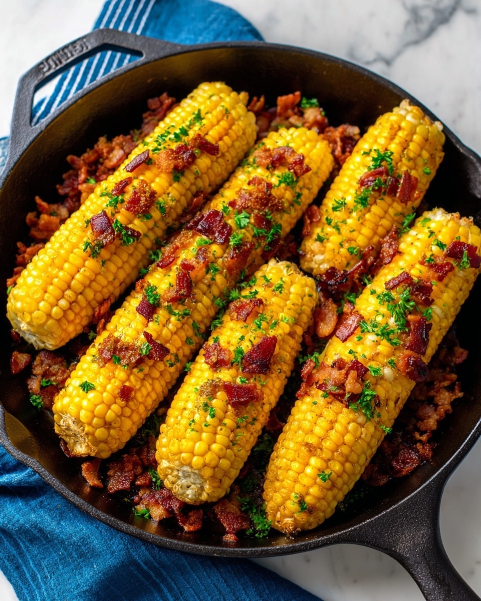 A close-up of a black cast iron skillet filled with several golden-yellow corn cobs, each with bright yellow and pale kernels, cooked and slightly browned on the edges. Scattered all over the corn are small pieces of crispy, reddish-brown bacon adding texture and color contrast. There are tiny bright green herb pieces sprinkled evenly for freshness. The skillet rests on a white marbled surface with a hint of a blue cloth nearby. photo taken with an iphone --ar 4:5 --v 7
