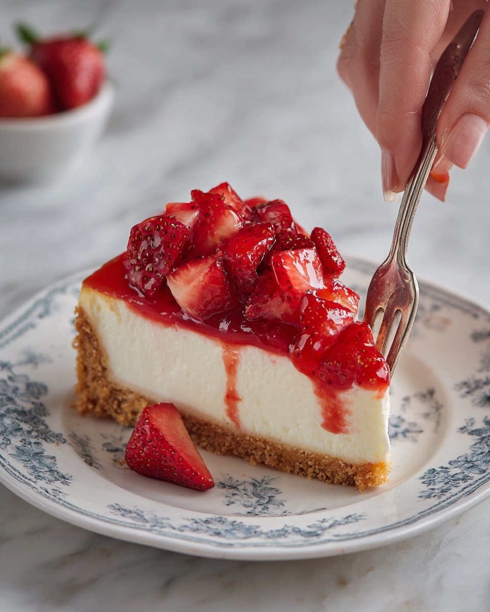 A slice of cheesecake is placed on a white plate with a delicate blue floral pattern. The cheesecake has three layers: a crumbly golden-brown base at the bottom, a thick and smooth creamy white middle layer, and a glossy, bright red strawberry topping with large pieces of fresh strawberries scattered evenly on top. A woman's hand is gently holding a silver fork next to the plate. The scene is set on a white marbled surface. photo taken with an iphone --ar 4:5 --v 7