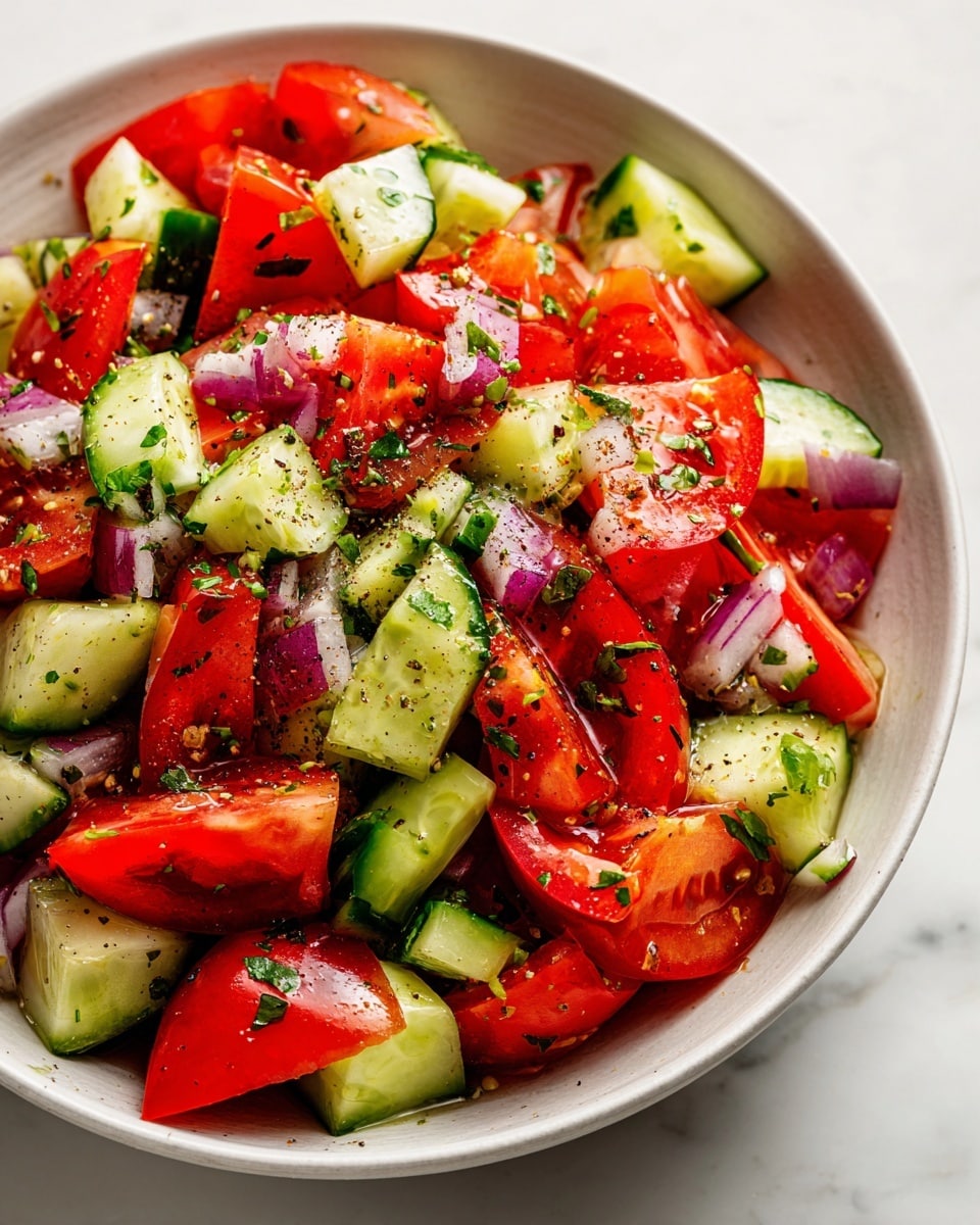 This image shows a close-up of a fresh salad served in a white bowl with a white marbled surface underneath. The salad has three main layers mixed together: bright red tomato chunks, pale green cucumber pieces, and small purple-red bits of onion. All the vegetables have a slightly shiny texture, as if lightly dressed, and are sprinkled with small green herbs and black ground pepper on top. The colors are vibrant, showing the freshness of the ingredients. Photo taken with an iphone --ar 4:5 --v 7