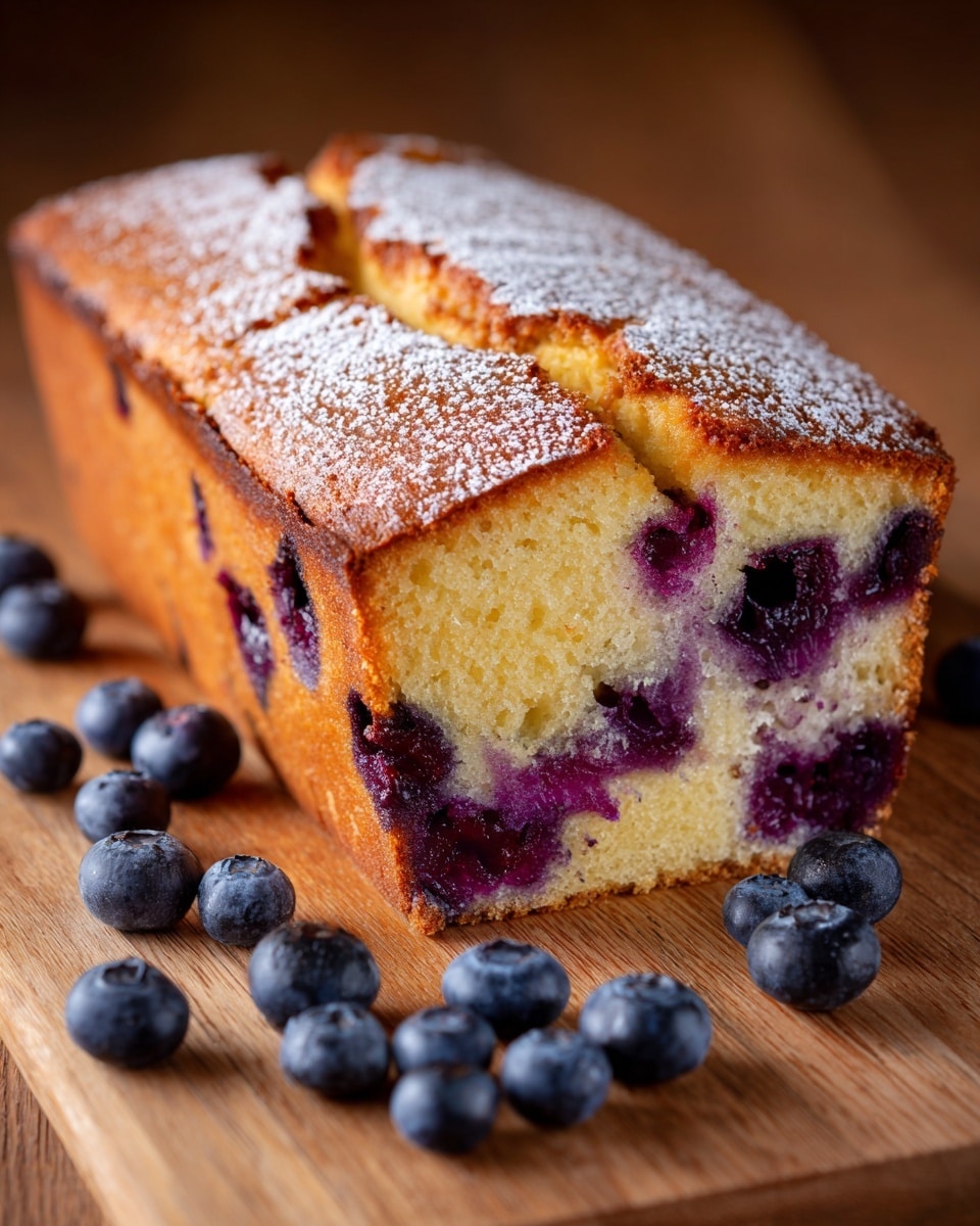 A rectangular loaf of blueberry cake with a golden-brown crust topped with a dusting of powdered sugar sits on a wooden surface. The cake has three layers of fluffy, light yellow batter swirled with dark purple blueberry filling that creates a marbled effect, with whole blueberries peeking through the swirls. The top layer is cracked open in the middle showing a soft, moist inside with some blueberries embedded in the batter at the edges. Fresh blueberries are scattered around the loaf on the wooden surface, and a silver sieve is partially visible at the bottom right corner. photo taken with an iphone --ar 4:5 --v 7